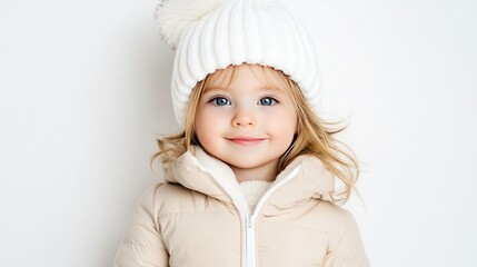 A cheerful little girl with long hair smiles brightly, dressed in a cozy winter sweater and hat, exuding warmth against a soft, light background
