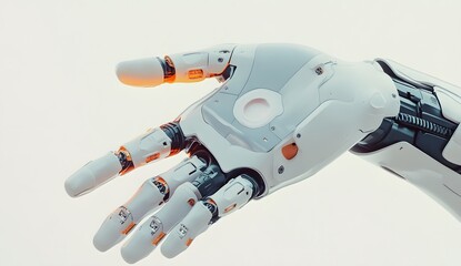 Photo of A robotic hand with futuristic design on white background, 3d rendering. Web banner with copyspace on the right