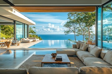 Fototapeta premium Elegant modern living room with stunning ocean view and infinity pool, surrounded by nature and open space for relaxation.