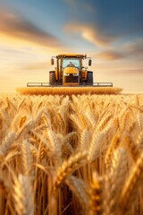 Obraz premium Farming in the Golden Hour, Tractor cutting through wheat field, Essence of agriculture