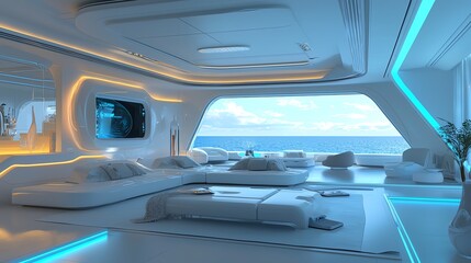 Obraz premium Futuristic interior featuring sleek design, large windows, and ocean views, perfect for modern living space or relaxation.