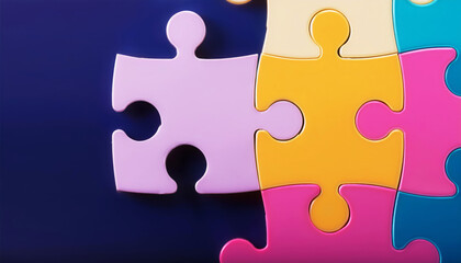 Fototapeta premium Colorful puzzle pieces arranged on a blue background, symbolizing teamwork and problem-solving concepts in a creative way.