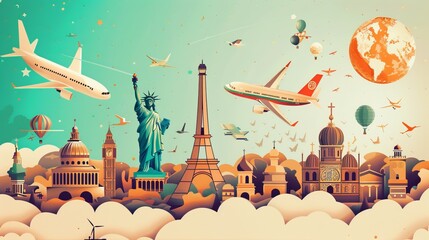 Paper art style depiction of various travel attractions including famous landmarks, natural wonders, and cultural icons
