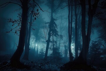 Dark forest at night with long shadows cast by trees, thick fog rolling in from the horizon, and faint light glowing on the trunks, creating a chilling atmosphere filled with mystery and horror