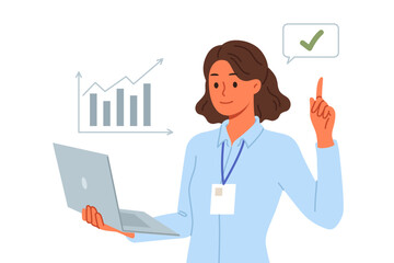 Business woman financial analyst holding laptop and pointing finger up reporting stock market trends. Girl financial analyst smiles, participates in professional conference for traders and investors