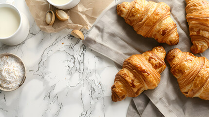 Fresh croissants on cloth on a trendy marble table ai generative