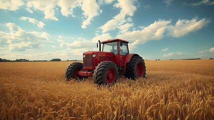 Obraz premium Red tractor in a field of golden wheat under a blue sky.