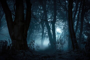 Mysterious dark forest scene at night, with fog rolling in from the horizon, eerie tree shadows stretching across the landscape, and faint light glowing on the trunks, perfect for horror and spooky Ha