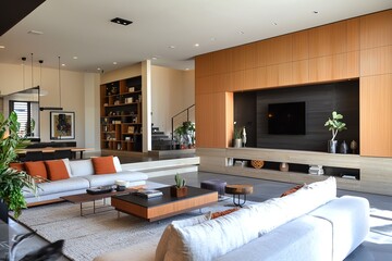 Modern living room featuring stylish furniture and warm wooden accents for a cozy yet elegant atmosphere.