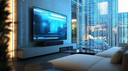 Fototapeta premium Modern living room with a large TV mounted on a sleek wall, featuring a stylish interior design and city view through glass windows.