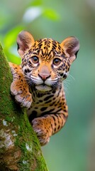 Obraz premium Adorable Baby Jaguar Peeking From Tree