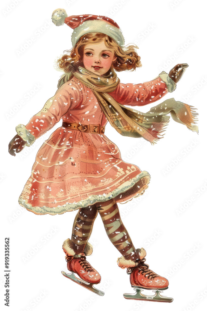 Poster PNG Vintage girl ice skating illustration