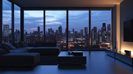 Fototapeta premium Modern living room with panoramic city view at night, showcasing sleek furniture and soothing ambient lighting.