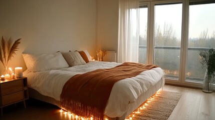 The cozy bedroom features a plush bed with an orange blanket, surrounded by candles and a warm glow, showcasing a serene autumn landscape through the large window