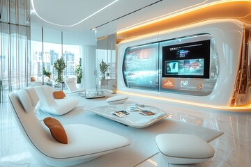 Modern living room with sleek design, large screen, and stylish furniture. Bright and airy atmosphere with elegant decor.