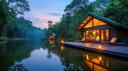 Obraz premium Tranquil Lakeside Cabins in Lush Forest
