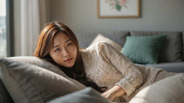 Giovane donna di origini asiatiche si rilassa sul divano di casa