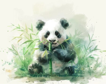A chubby panda sitting and munching on bamboo, with a content expression and surrounded by lush greenery Watercolor, Soft pastel colors, Gentle brushstrokes