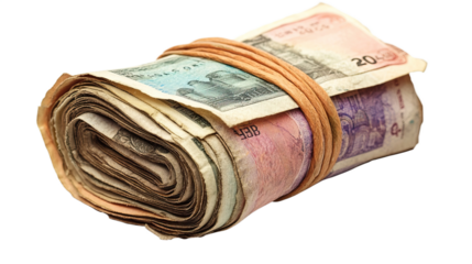 Cash bundle. Close-up of rolled paper currency secured with a rubber band. This image represents savings and cash management.