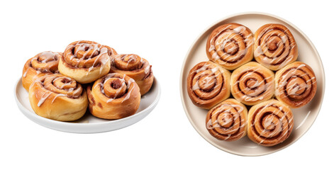 Fototapeta premium Delicious Plate of Cinnamon Rolls side and top view, isolated on a transparent background
