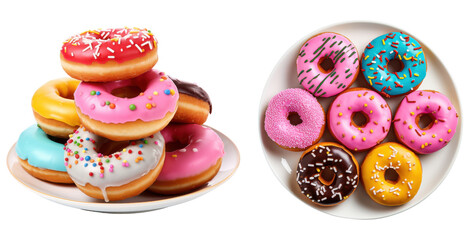 Plate of Colorful Donuts side and top view, isolated on a transparent background