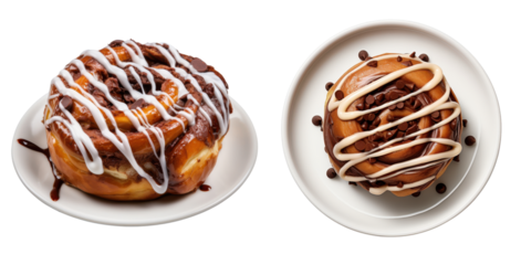 Delicious Plate of Chocolate Cinnamon Roll , side and top view, isolated on a transparent background
