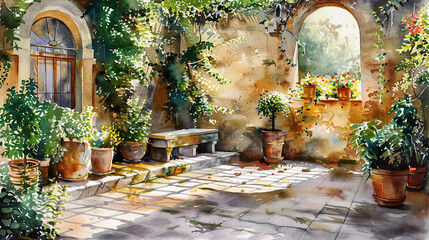 Detailed watercolor of a courtyard garden, potted plants, stone benches, warm afternoon glow ,Ultra-High Detail, Ultra-Realistic