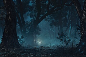 Naklejka premium Creepy forest at night with fog rolling in from the horizon, eerie tree shadows stretching across the landscape, and faint light reflecting off tree trunks, creating a mysterious, horror-filled atmosp