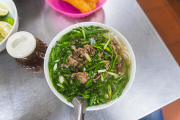 pho bo soup with beef, Pho bo Vietnamese food, rice noodle soup with sliced beef. Vietnamese fresh rice noodle soup with beef. Vietnam's national dish