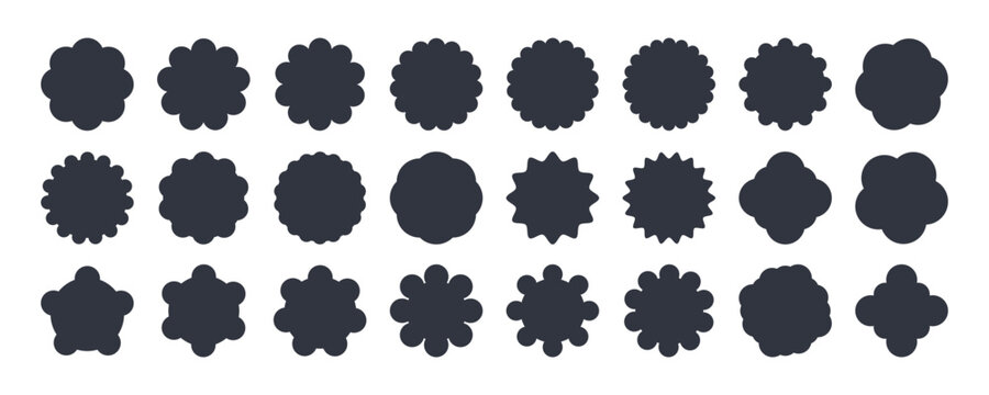 Vector round stickers with wavy edge. Geometric simple scallop circle in black color for badge proposal, price tag. Starburst sale, sun emblem favorable offer. Silhouette design black elements.