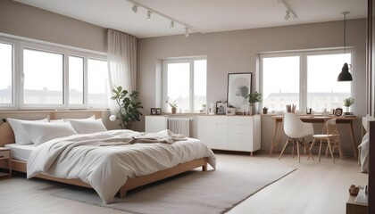 Loft modern bedroom with living room in the back ground. Presenting the same interior in different color versions with changing decors and finishing materials, high detail, volu