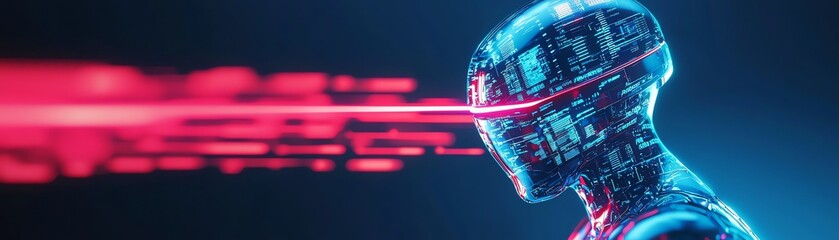 Obraz premium Futuristic robotic figure with glowing eyes and laser technology, representing advanced artificial intelligence and technology concepts.