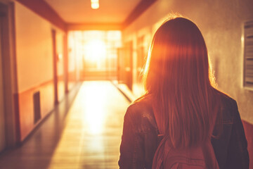 Golden hour light in corridor with woman