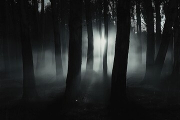 Fototapeta premium Creepy dark forest at night with trees casting long, eerie shadows and fog rolling in, faint light illuminating the tree trunks, giving an ominous atmosphere of mystery and horror for Halloween design