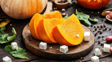 Fresh pumpkin slices on wooden cutting board with autumn ingredients