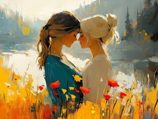 Two women share an intimate moment with their foreheads touching, surrounded by vibrant wildflowers and abstract natural scenery in a warm and tender atmosphere.