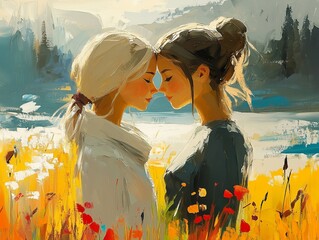 Two women share an intimate moment with their foreheads touching, depicted in an abstract oil painting with vibrant colors, blending warm yellows, reds, and cool blues.