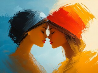 Two women with their foreheads touching, depicted in an abstract oil painting. The image features vibrant colors, with one woman in warm tones of red and yellow, and the other in cool blue hues.