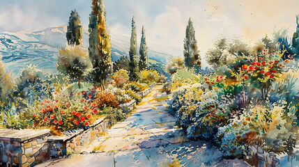 Detailed watercolor of a Mediterranean garden, cypress trees, colorful flowers, rustic stone walls, golden hour light