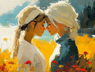 Two women facing each other with their foreheads touching, surrounded by vibrant yellow and orange flowers, expressing deep affection in an abstract, painterly style.