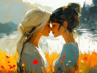 Two women with their foreheads touching, standing close in a field of vibrant orange and yellow flowers, symbolizing deep affection and connection, depicted in an abstract oil painting style.