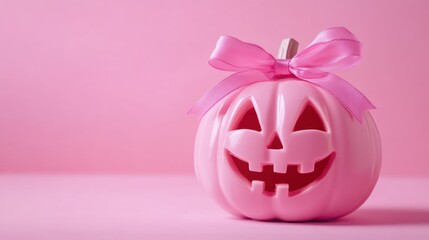 Pink Halloween pumpkin with bow on pastel background