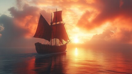 Obraz premium Viking Ship Sails with Mighty Warriors Conquering New Lands - A Historical Adventure