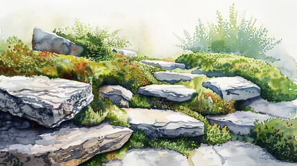 Detailed watercolor of a rock garden, moss, stone pathways, soft morning mist ,Ultra-High Detail, Ultra-Realistic