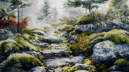 Detailed watercolor of a rock garden, moss, stone pathways, soft morning mist ,Ultra-High Detail, Ultra-Realistic