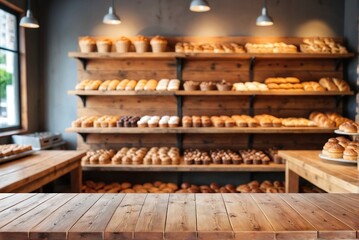 Fototapeta premium Empty Rustic Wooden Table with Blurred Bakery Shelf Background in Cafe and Copy Space.