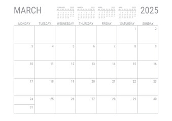 March Calendar 2025 Monthly Planner Printable A4 Monday Start	