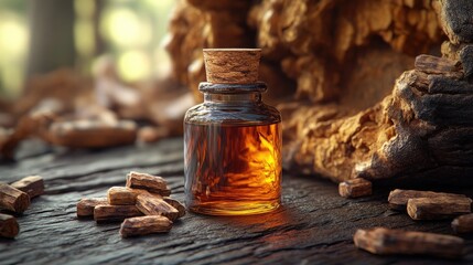 Yohimbe Extract - A Cluster of Yohimbe Bark or a Bottle of Extract - Herbal Supplement