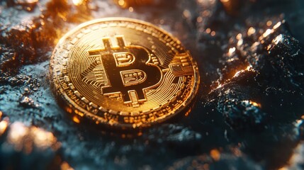 The Golden Coin of Bitcoin, Digital Cryptocurrency. Mining or blockchain technology, New Virtual money concept. Ai generation