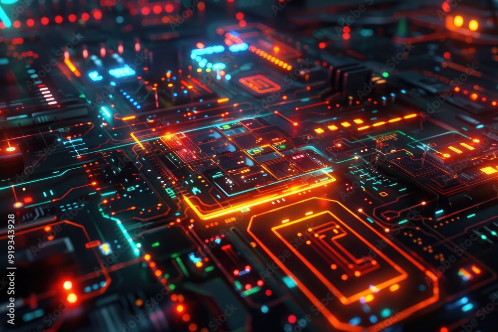 Poster A detailed view of a circuit board illuminated by bright neon lights, suitable for tech-related projects or designs
